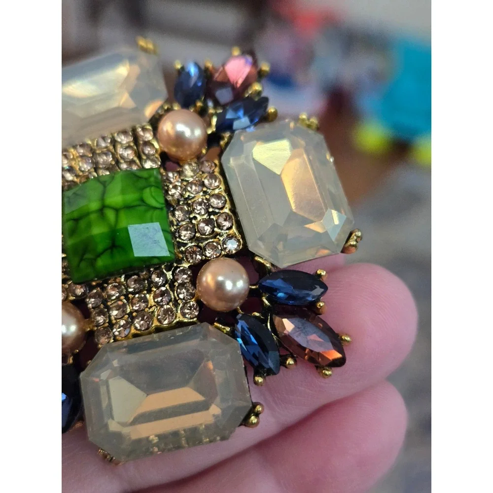 Vintage Style Rhinestone Brooch Green Pink Blue Faux Pearls New